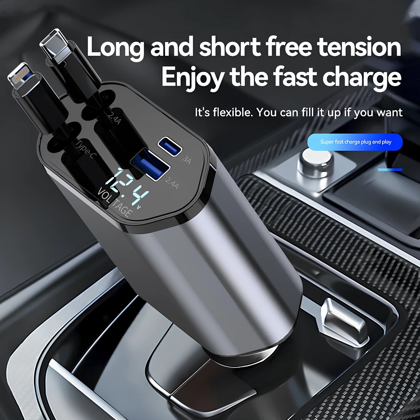Retractable 120W 4-Port Car Fast Charger